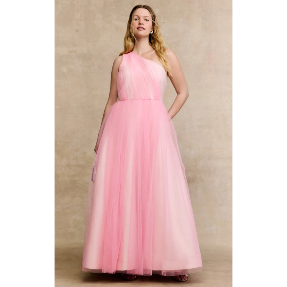 Badgley Mischka Pink One Shoulder Tulle Gown Size 10